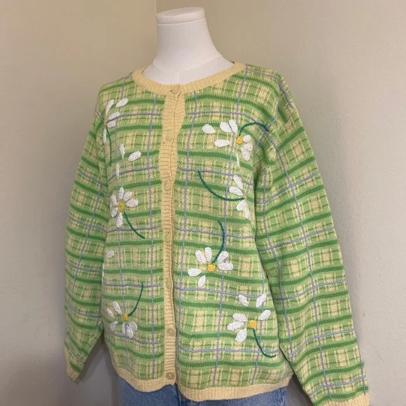 Talbots Vintage Green Plaid Daisy Embroidered Cardigan Sweater XL Ramie Cotton - Picture 2 of 7